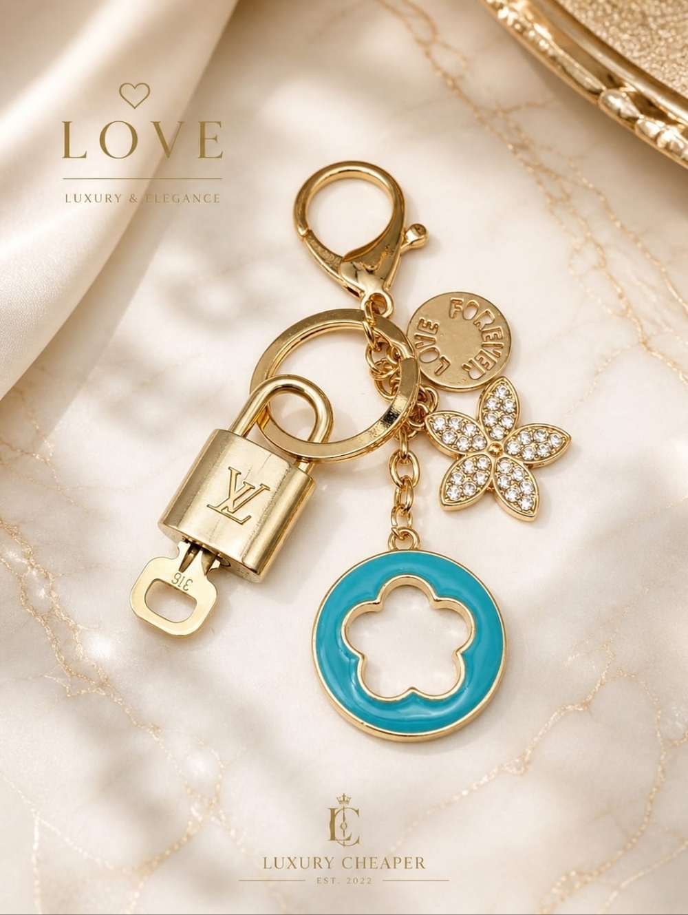 Louis Vuitton Authentic Gold Padlock 🔑 Key + Stylish Unbranded Flower Bag Charm